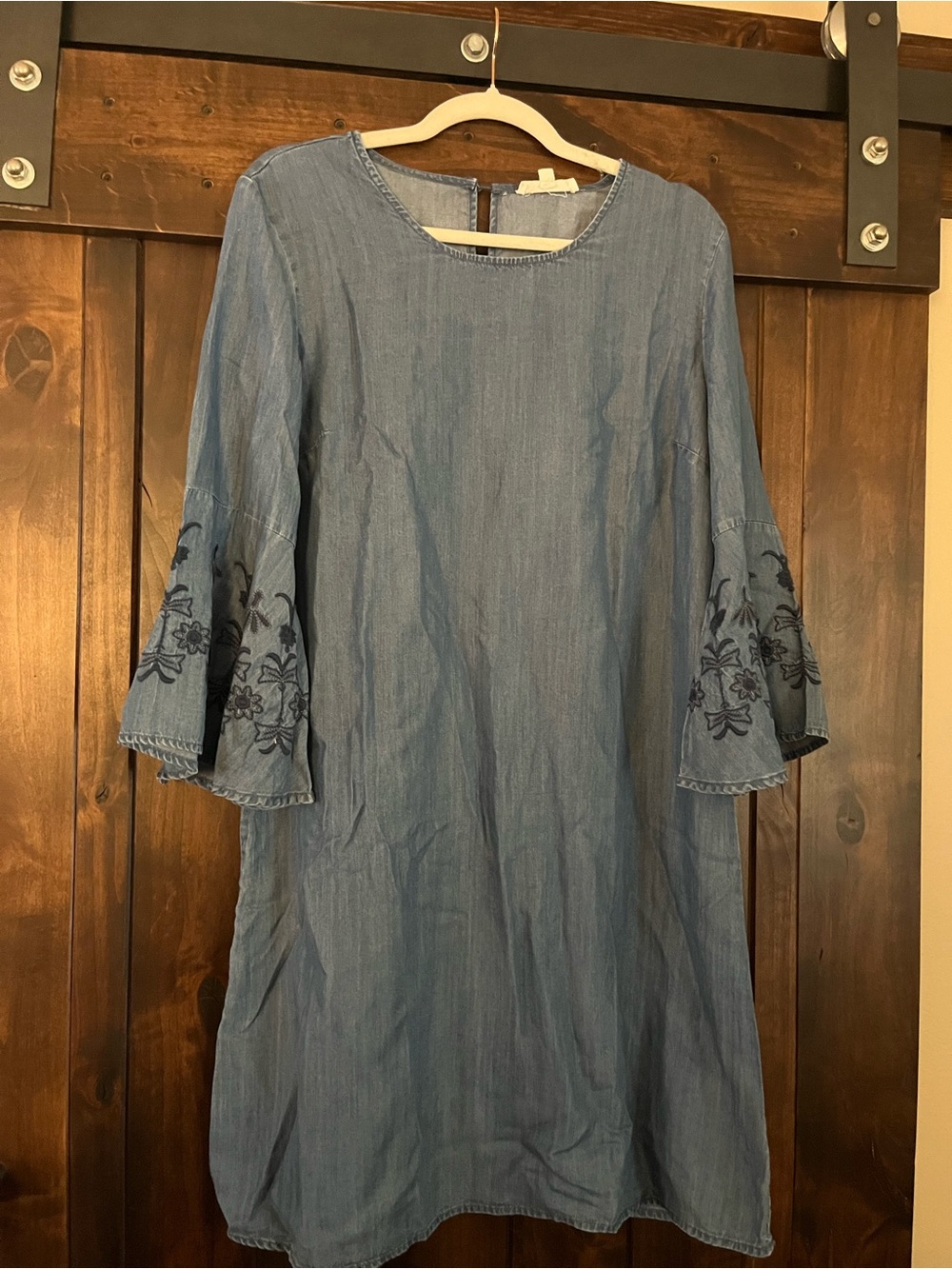 Light Blue Embroidered Bell-Sleeve tunic Dress